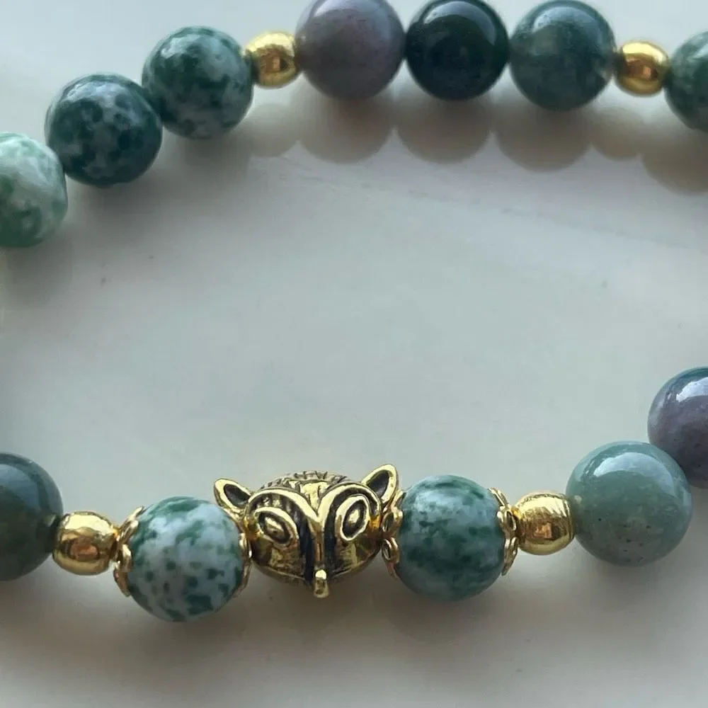 Tree agate dendritic India agate fox head face ONE stretch bracelet NEW reiki me